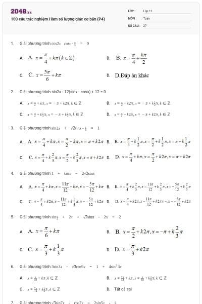 100 câu trắc nghiệm Hàm số lượng giác cơ bản (P4)