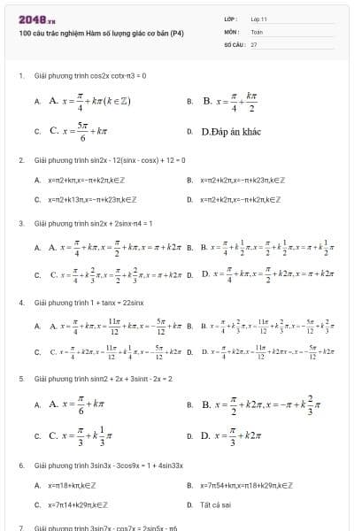 100 câu trắc nghiệm Hàm số lượng giác cơ bản (P4)