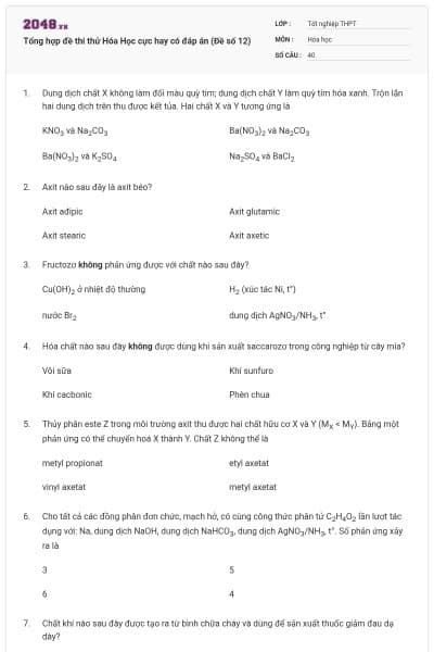 Tổng hợp đề thi thử Hóa Học cực hay có đáp án (Đề số 12)