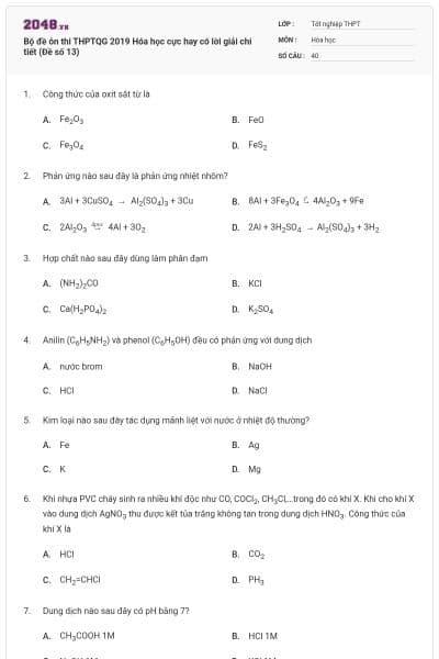 Bộ đề ôn thi THPTQG 2019 Hóa học cực hay có lời giải chi tiết (Đề số 13)