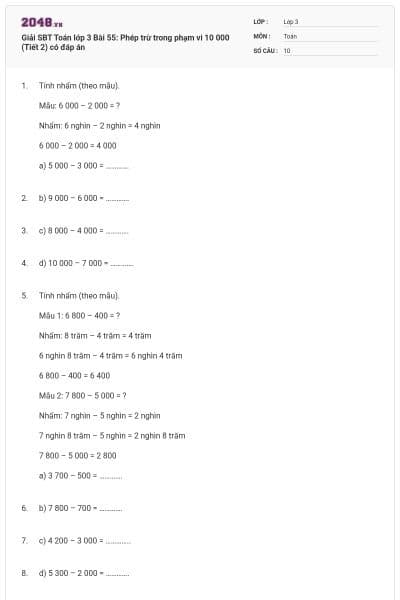 Giải SBT Toán lớp 3 Bài 55: Phép trừ trong phạm vi 10 000 (Tiết 2) có đáp án