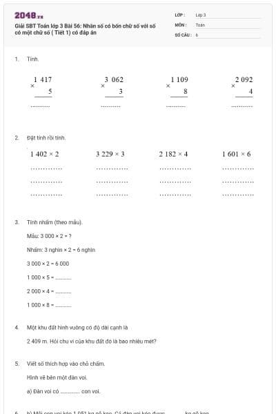 Giải SBT Toán lớp 3 Bài 56: Nhân số có bốn chữ số với số có một chữ số ( Tiết 1) có đáp án