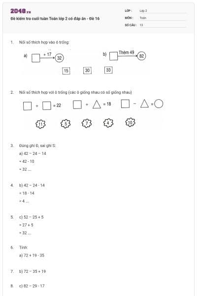 Đề kiểm tra cuối tuần Toán lớp 2 có đáp án - Đề 16
