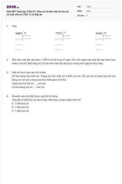 Giải SBT Toán lớp 3 Bài 57: Chia số có bốn chữ số cho số có một chữ số (Tiết 1) có đáp án