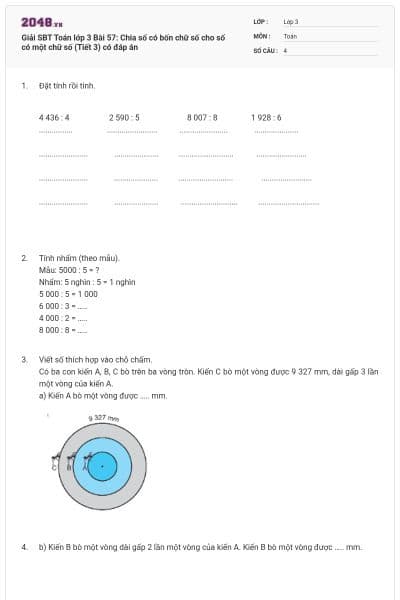 Giải SBT Toán lớp 3 Bài 57: Chia số có bốn chữ số cho số có một chữ số (Tiết 3) có đáp án