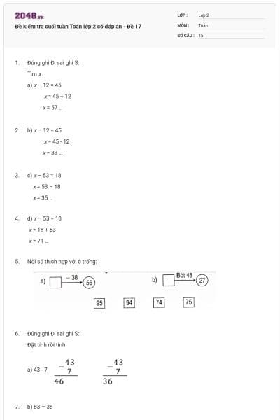 Đề kiểm tra cuối tuần Toán lớp 2 có đáp án - Đề 17