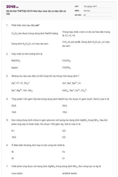 Đề thi thử THPTQG 2019 Hóa Học mức độ cơ bản (đề số 20)