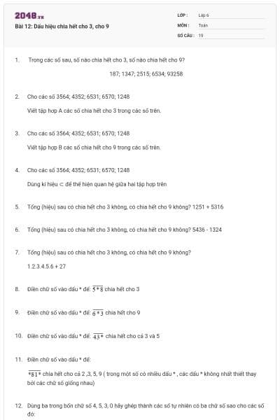 Bài 12: Dấu hiệu chia hết cho 3, cho 9
