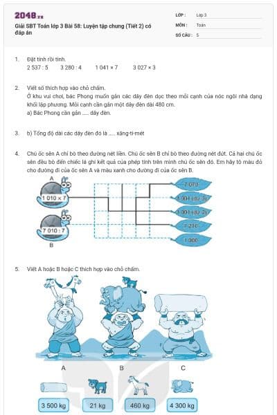 Giải SBT Toán lớp 3 Bài 58: Luyện tập chung (Tiết 2) có đáp án