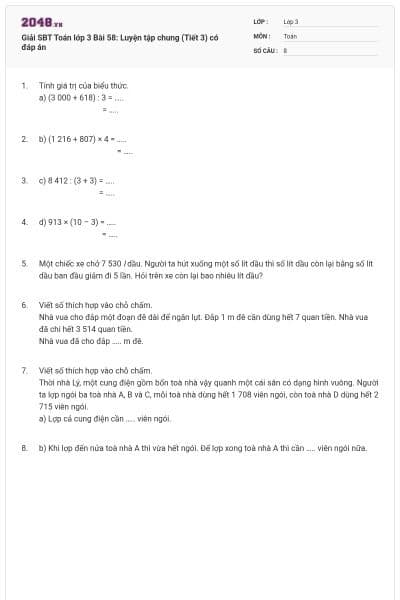 Giải SBT Toán lớp 3 Bài 58: Luyện tập chung (Tiết 3) có đáp án