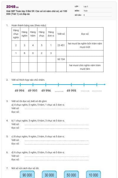 Giải SBT Toán lớp 3 Bài 59: Các số có năm chữ số, số 100 000 (Tiết 1) có đáp án