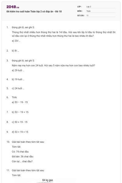 Đề kiểm tra cuối tuần Toán lớp 2 có đáp án - Đề 18