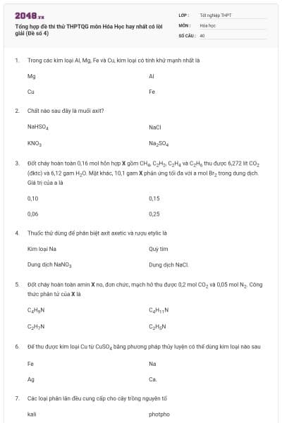 Tổng hợp đề thi thử THPTQG môn Hóa Học hay nhất có lời giải (Đề số 4)