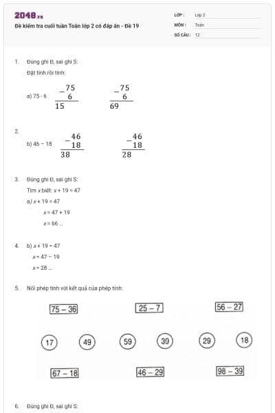 Đề kiểm tra cuối tuần Toán lớp 2 có đáp án - Đề 19