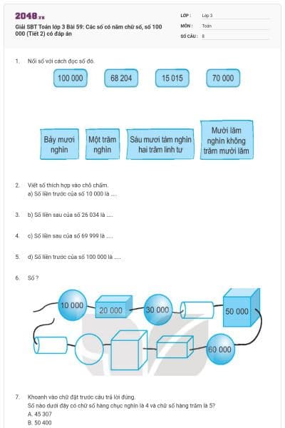 Giải SBT Toán lớp 3 Bài 59: Các số có năm chữ số, số 100 000 (Tiết 2) có đáp án