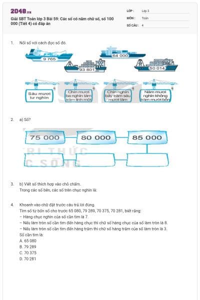 Giải SBT Toán lớp 3 Bài 59: Các số có năm chữ số, số 100 000 (Tiết 4) có đáp án