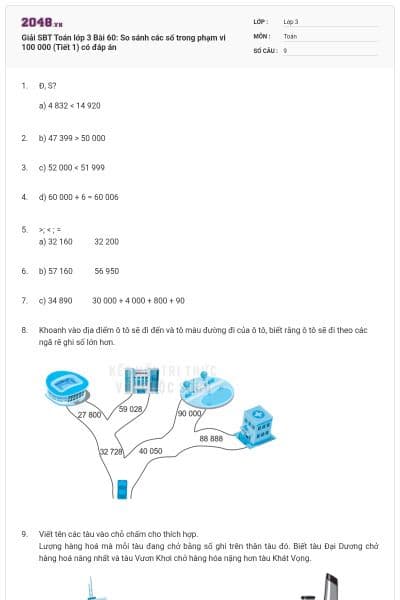 Giải SBT Toán lớp 3 Bài 60: So sánh các số trong phạm vi 100 000 (Tiết 1) có đáp án
