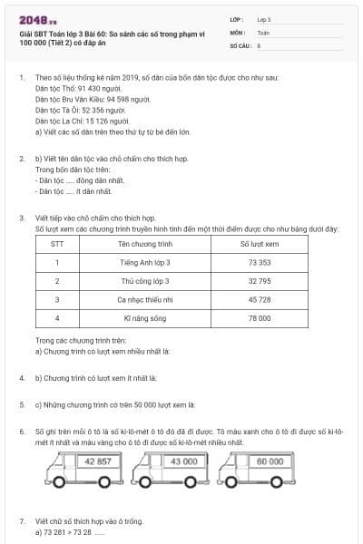 Giải SBT Toán lớp 3 Bài 60: So sánh các số trong phạm vi 100 000 (Tiết 2) có đáp án