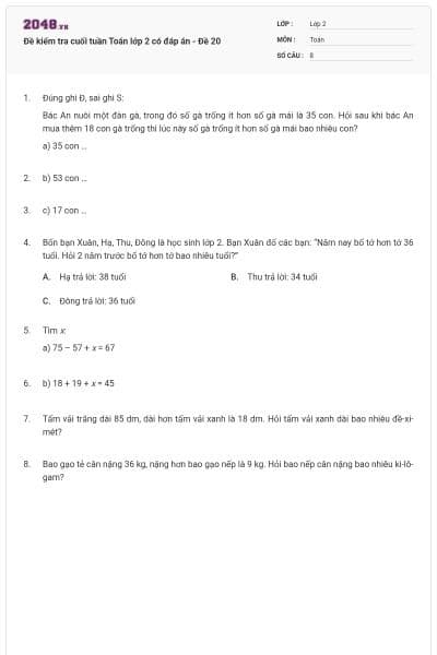 Đề kiểm tra cuối tuần Toán lớp 2 có đáp án - Đề 20