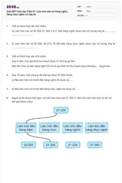 Giải SBT Toán lớp 3 Bài 61: Làm tròn đến số hàng nghìn, hàng chục nghìn có đáp án