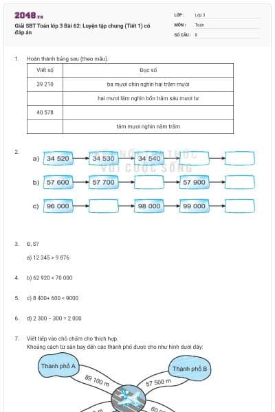 Giải SBT Toán lớp 3 Bài 62: Luyện tập chung (Tiết 1) có đáp án
