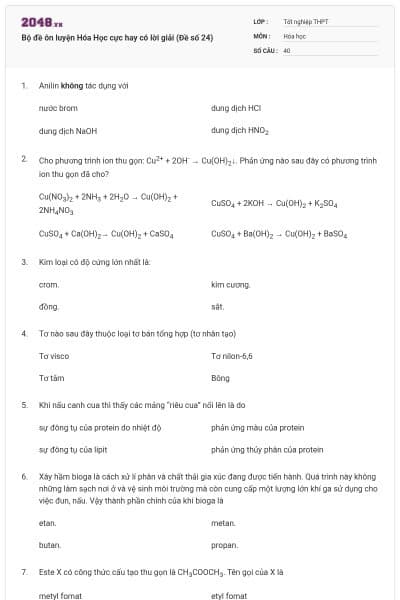 Bộ đề ôn luyện Hóa Học cực hay có lời giải (Đề số 24)