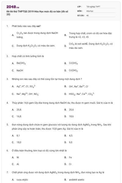 Đề thi thử THPTQG 2019 Hóa Học mức độ cơ bản (đề số 20)