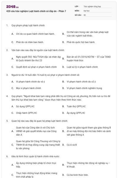 420 câu trắc nghiệm Luật hành chính có đáp án - Phần 7