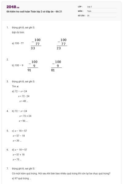Đề kiểm tra cuối tuần Toán lớp 2 có đáp án - Đề 21