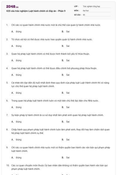 420 câu trắc nghiệm Luật hành chính có đáp án - Phần 9