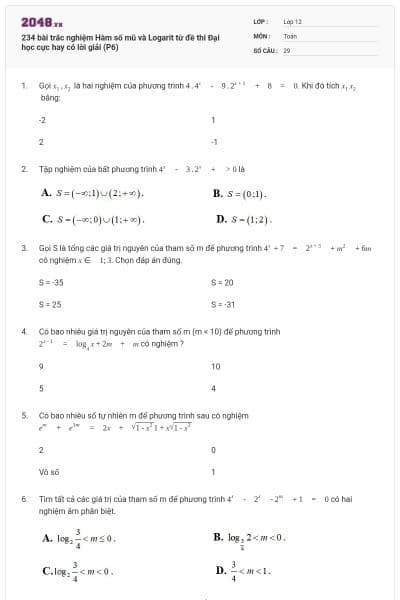 234 bài trắc nghiệm Hàm số mũ và Logarit từ đề thi Đại học cực hay có lời giải (P6)
