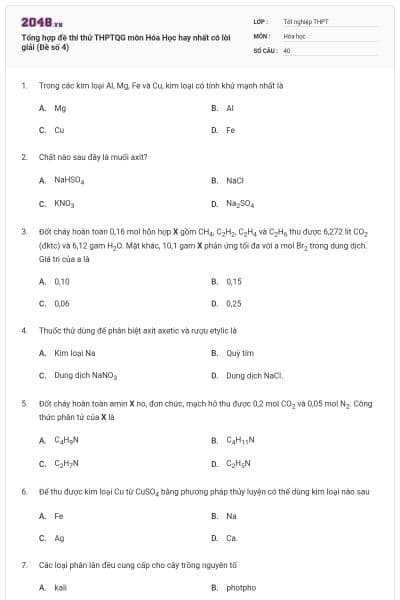 Tổng hợp đề thi thử THPTQG môn Hóa Học hay nhất có lời giải (Đề số 4)