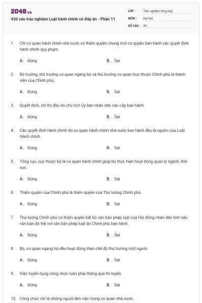 420 câu trắc nghiệm Luật hành chính có đáp án - Phần 11