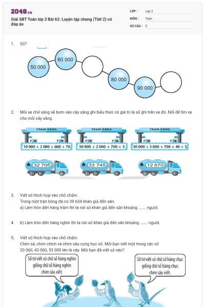 Giải SBT Toán lớp 3 Bài 62: Luyện tập chung (Tiết 2) có đáp án