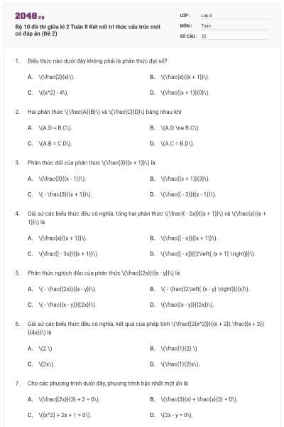 Bộ 10 đề thi giữa kì 2 Toán 8 Kết nối tri thức cấu trúc mới có đáp án (Đề 2)