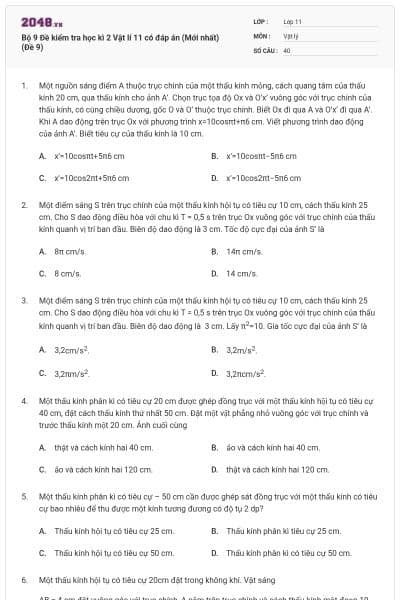 Bộ 9 Đề kiểm tra học kì 2 Vật lí 11 có đáp án (Mới nhất) (Đề 9)