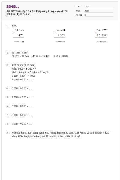 Giải SBT Toán lớp 3 Bài 63: Phép cộng trong phạm vi 100 000 (Tiết 1) có đáp án