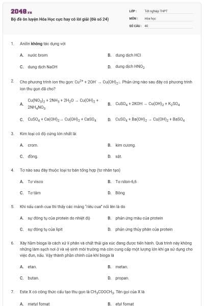 Bộ đề ôn luyện Hóa Học cực hay có lời giải (Đề số 24)