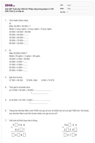 Giải SBT Toán lớp 3 Bài 63: Phép cộng trong phạm vi 100 000 (Tiết 2) có đáp án