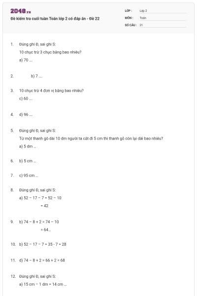 Đề kiểm tra cuối tuần Toán lớp 2 có đáp án - Đề 22