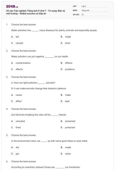 25 câu Trắc nghiệm Tiếng Anh 8 Unit 7 - Từ vựng: Bảo vệ môi trường - Global success có đáp án