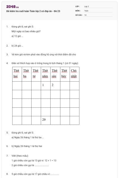 Đề kiểm tra cuối tuần Toán lớp 2 có đáp án - Đề 23