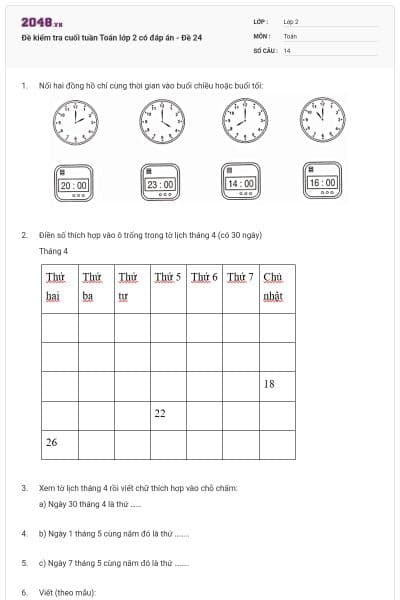 Đề kiểm tra cuối tuần Toán lớp 2 có đáp án - Đề 24