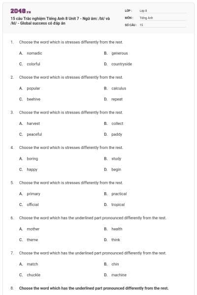 15 câu Trắc nghiệm Tiếng Anh 8 Unit 7 - Ngữ âm: /bl/ và /kl/ - Global success có đáp án