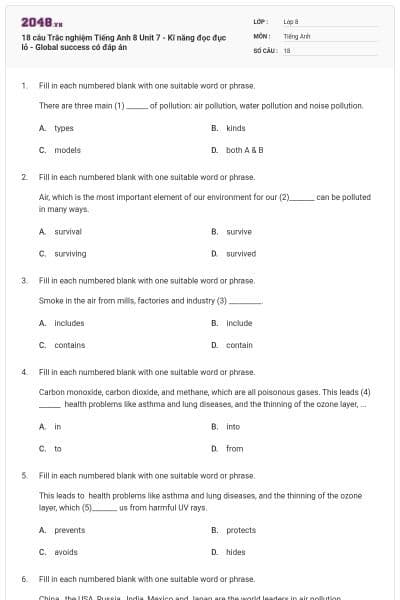 18 câu Trắc nghiệm Tiếng Anh 8 Unit 7 - Kĩ năng đọc đục lỗ - Global success có đáp án