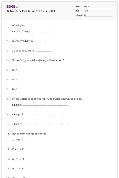 Đề Toán ôn hè lớp 2 lên lớp 3 có đáp án - Đề 1