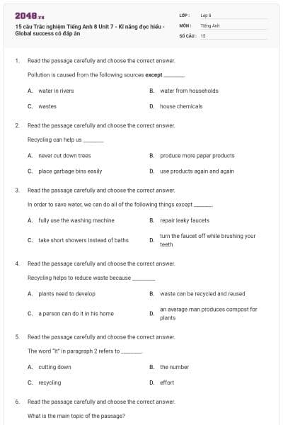 15 câu Trắc nghiệm Tiếng Anh 8 Unit 7 - Kĩ năng đọc hiểu - Global success có đáp án