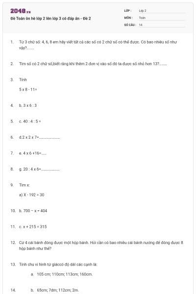 Đề Toán ôn hè lớp 2 lên lớp 3 có đáp án - Đề 2