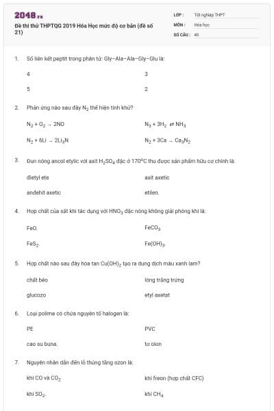 Đề thi thử THPTQG 2019 Hóa Học mức độ cơ bản (đề số 21)
