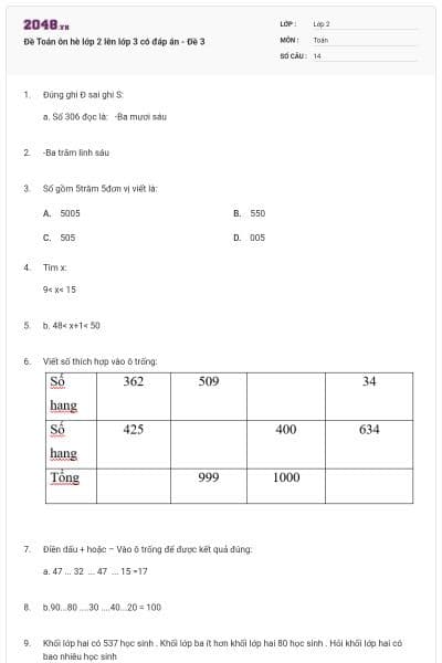 Đề Toán ôn hè lớp 2 lên lớp 3 có đáp án - Đề 3